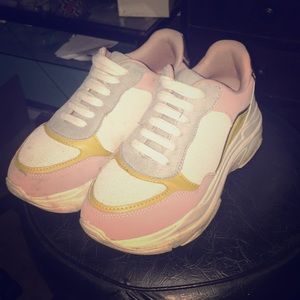 Pink yellow and gray sneakers